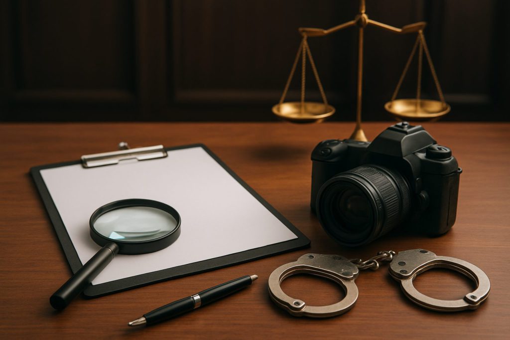 A desk with a clipboard, magnifying glass, pen, camera, handcuffs, and a scale symbolizing justice