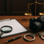 A desk with a clipboard, magnifying glass, pen, camera, handcuffs, and a scale symbolizing justice