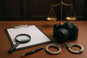 A desk with a clipboard, magnifying glass, pen, camera, handcuffs, and a scale symbolizing justice
