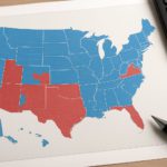 Map of the United States colored in blue and red indicating varying states of plan availability.