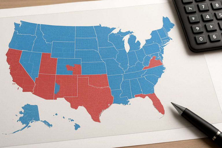 Map of the United States colored in blue and red indicating varying states of plan availability.