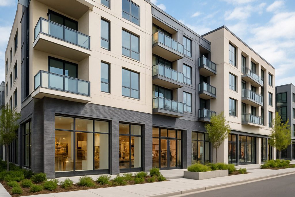 Modern mixed-use residential building with balconies and retail spaces.