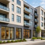 Modern mixed-use residential building with balconies and retail spaces.