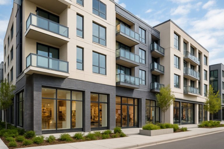 Modern mixed-use residential building with balconies and retail spaces.