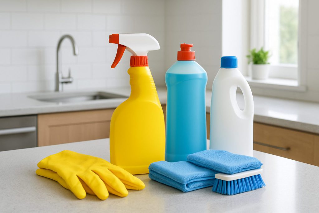 Various cleaning supplies including sprays, bottles, and cloths arranged on a kitchen counter