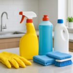 Various cleaning supplies including sprays, bottles, and cloths arranged on a kitchen counter
